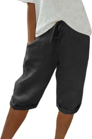 Linen Capri Pants Women Summer Linen Pants Casual with Pockets Lounge Casual Pant Going Out Drawstring Trousers