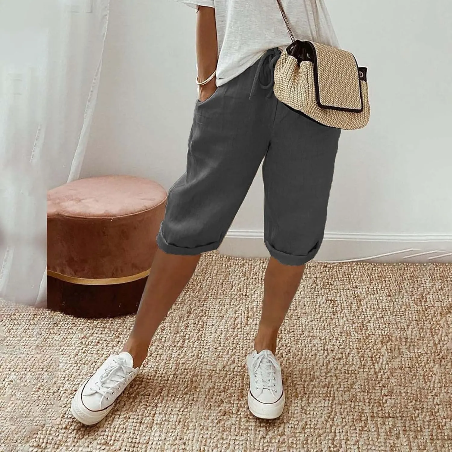 Linen Capri Pants Women Summer Linen Pants Casual with Pockets Lounge Casual Pant Going Out Drawstring Trousers
