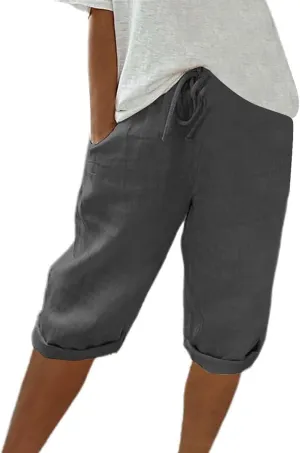 Linen Capri Pants Women Summer Linen Pants Casual with Pockets Lounge Casual Pant Going Out Drawstring Trousers