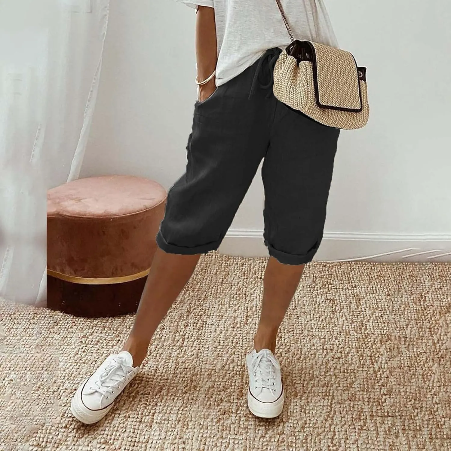 Linen Capri Pants Women Summer Linen Pants Casual with Pockets Lounge Casual Pant Going Out Drawstring Trousers