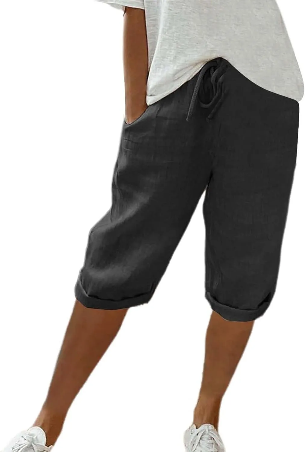 Linen Capri Pants Women Summer Linen Pants Casual with Pockets Lounge Casual Pant Going Out Drawstring Trousers