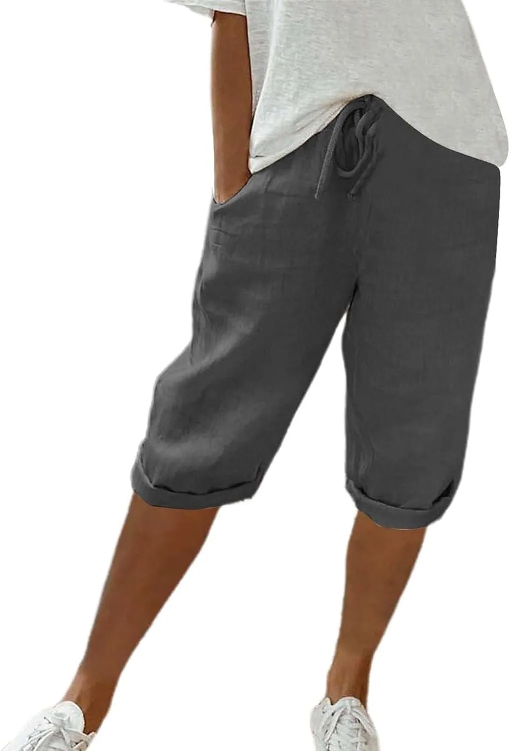 Linen Capri Pants Women Summer Linen Pants Casual with Pockets Lounge Casual Pant Going Out Drawstring Trousers