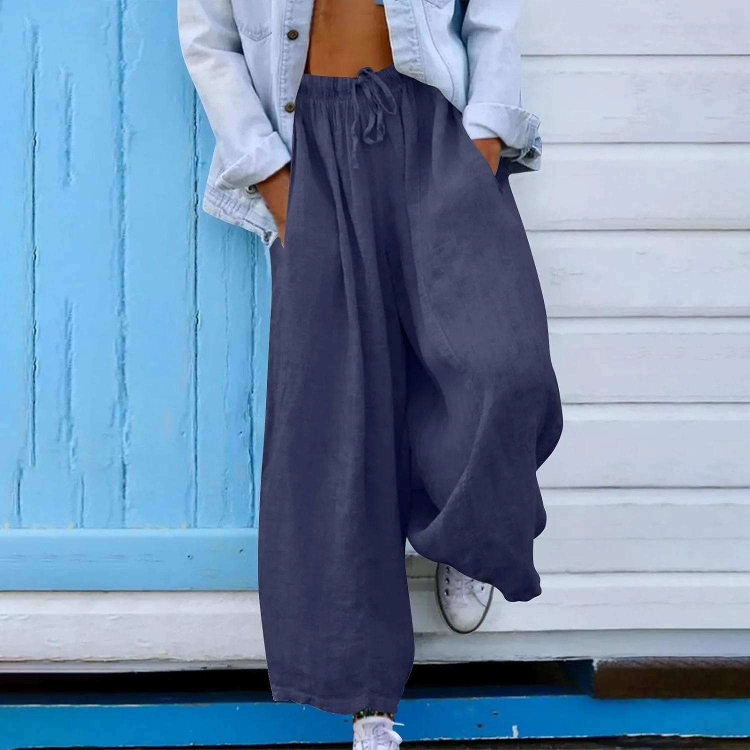 Linen Palazzo Pants for Women Wide Leg Flowy Linen Pants with Pockets Drawstring Elastic Waist Summer Beach Pant