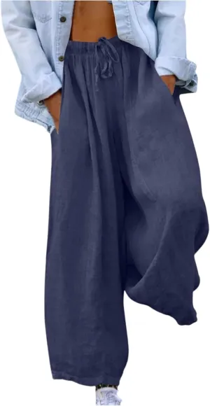 Linen Palazzo Pants for Women Wide Leg Flowy Linen Pants with Pockets Drawstring Elastic Waist Summer Beach Pant