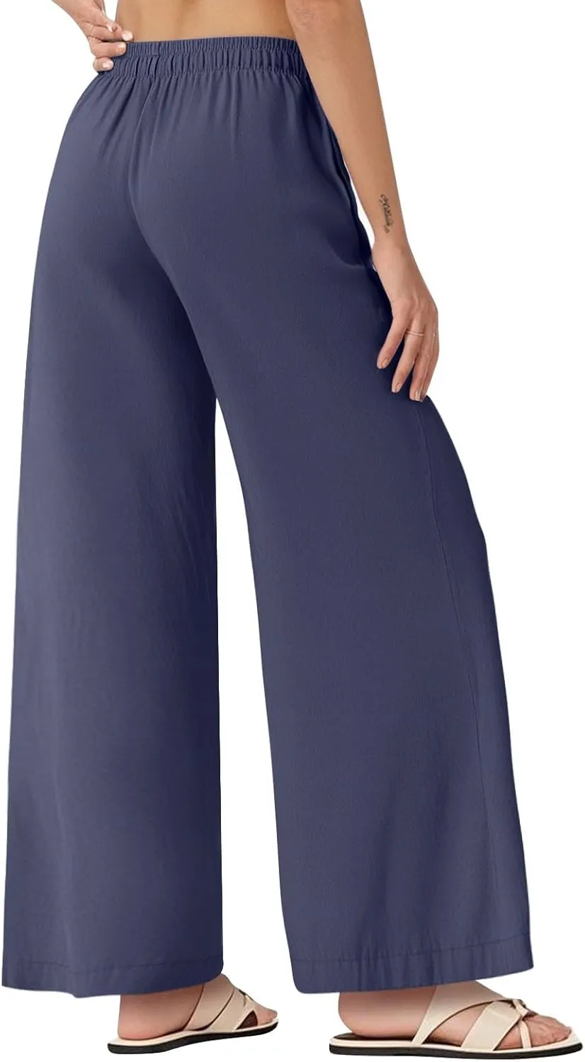 Linen Palazzo Pants for Women Wide Leg Flowy Linen Pants with Pockets Drawstring Elastic Waist Summer Beach Pant