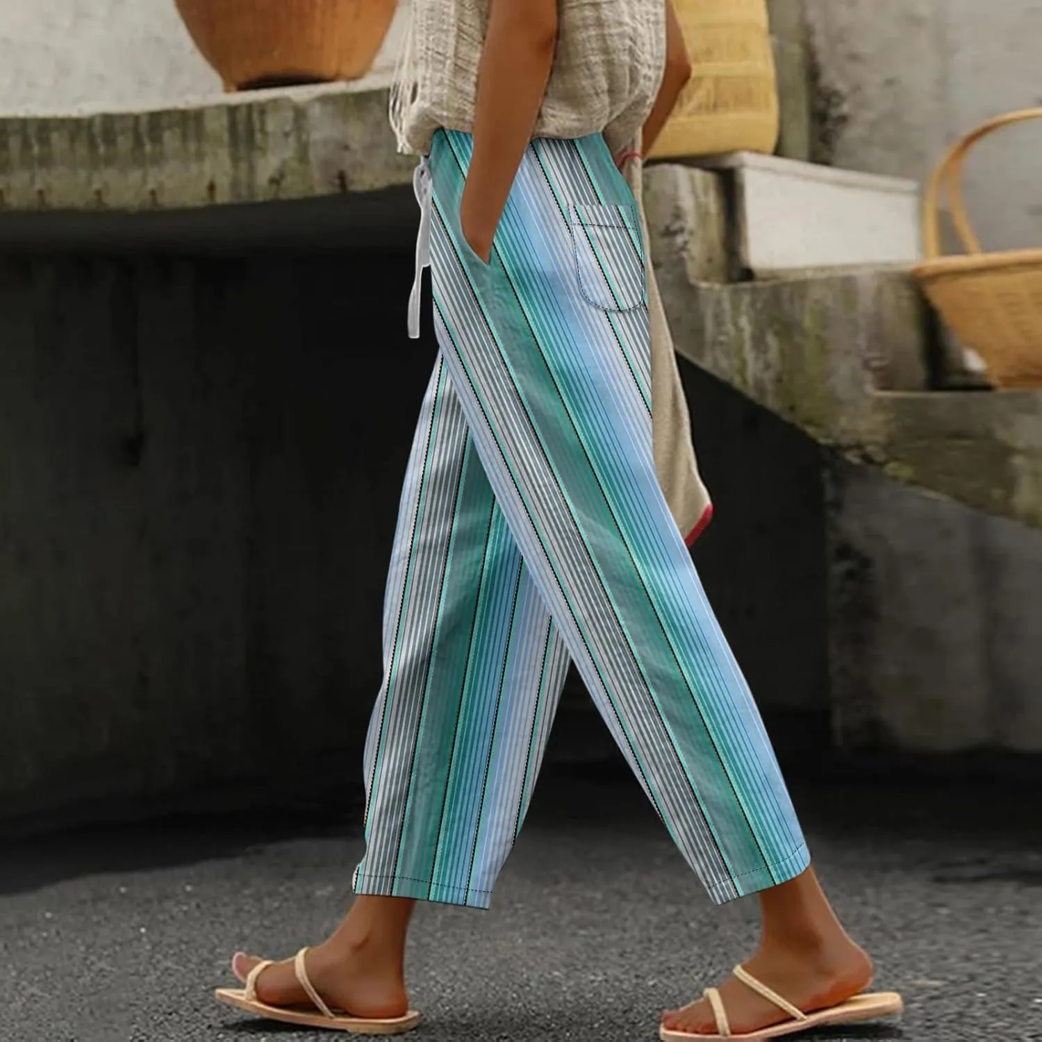 Linen Pants for Women Vacation Drawstring Casual Work Pants Solid Summer Trousers Lounge Fashion with Pockets Outfit