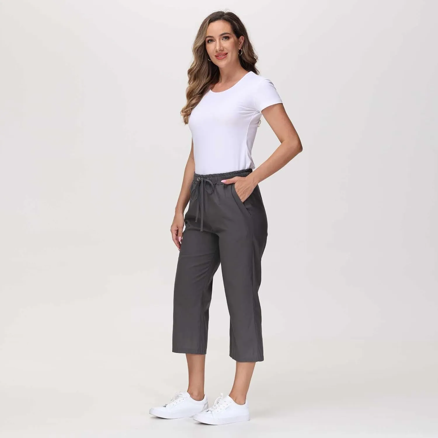 Linen Pants Women Drawstring Elastic High Waist Capri Pants Summer Straight Solid Color with Pockets