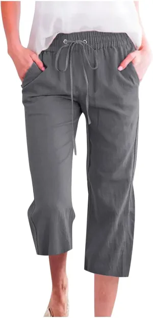 Linen Pants Women Drawstring Elastic High Waist Capri Pants Summer Straight Solid Color with Pockets
