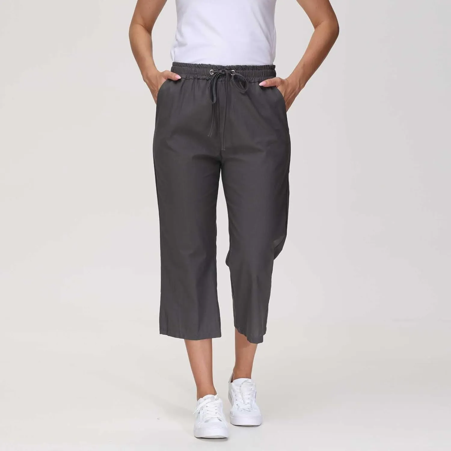 Linen Pants Women Drawstring Elastic High Waist Capri Pants Summer Straight Solid Color with Pockets