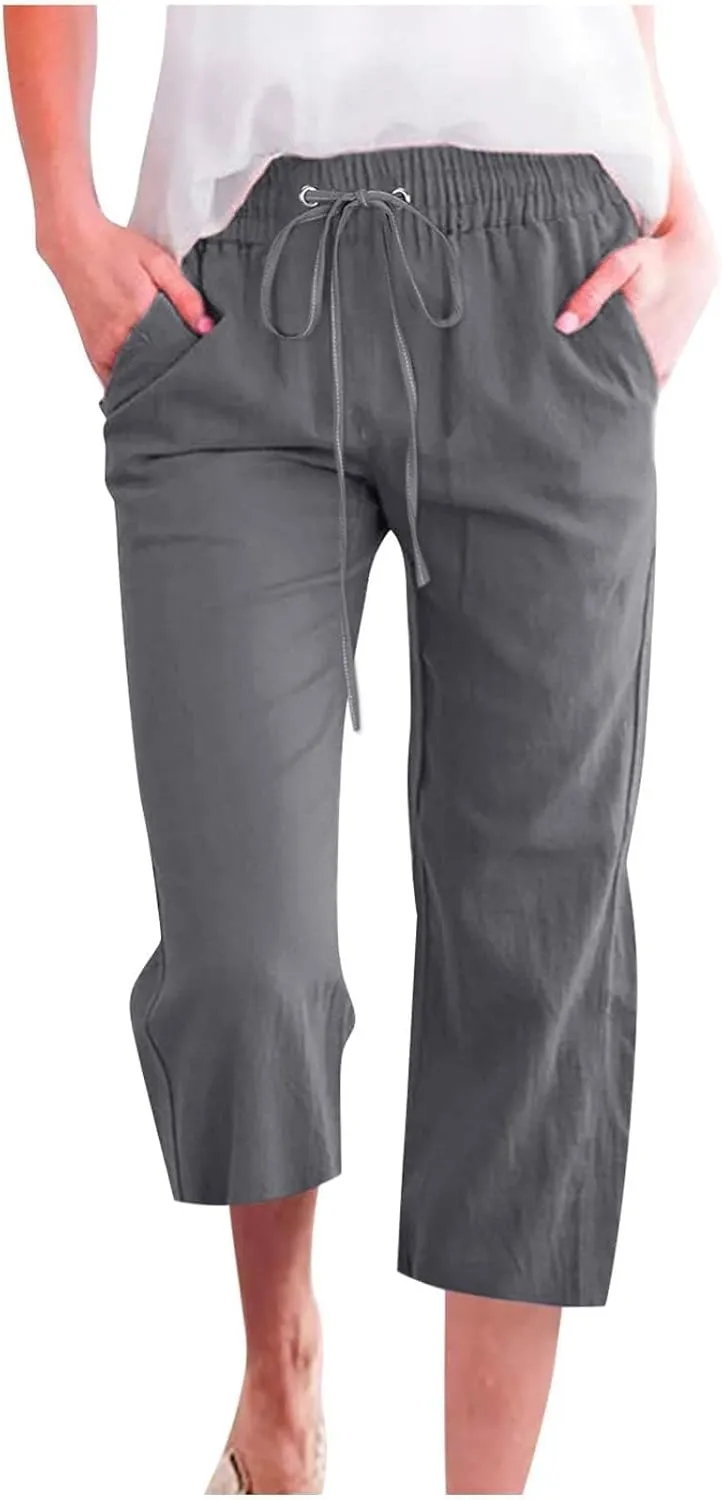 Linen Pants Women Drawstring Elastic High Waist Capri Pants Summer Straight Solid Color with Pockets