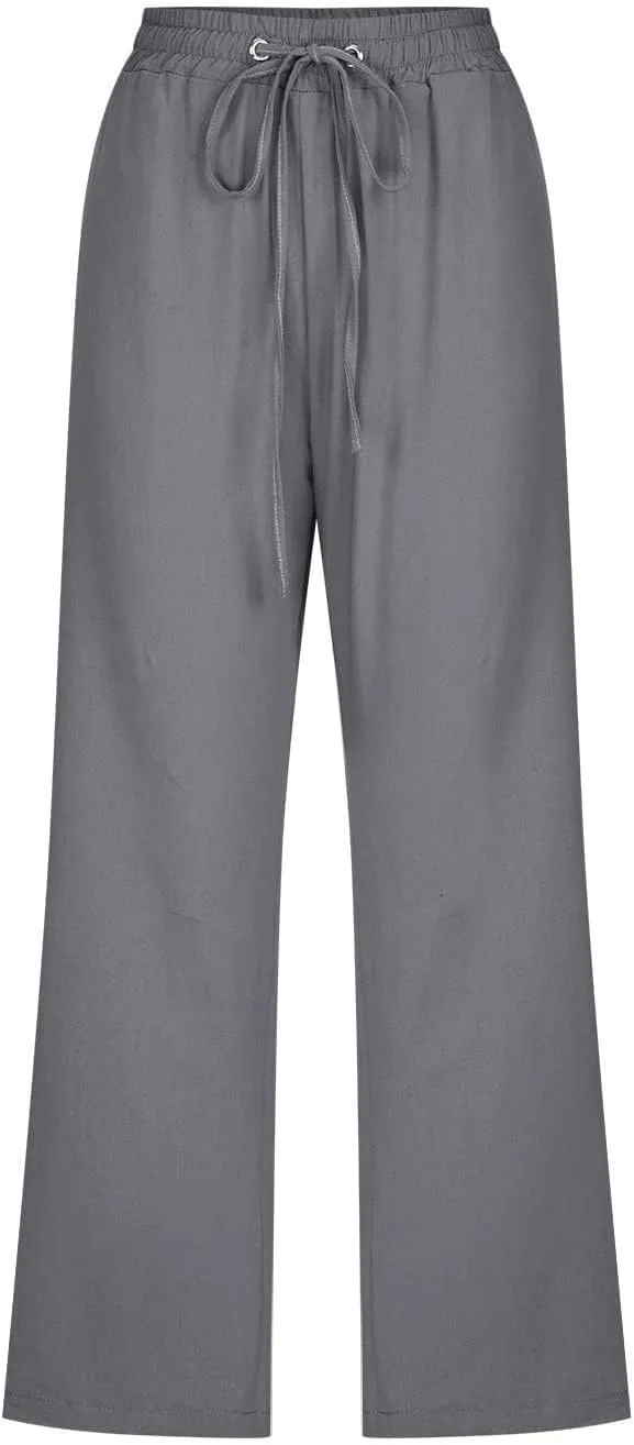 Linen Pants Women Drawstring Elastic High Waist Capri Pants Summer Straight Solid Color with Pockets