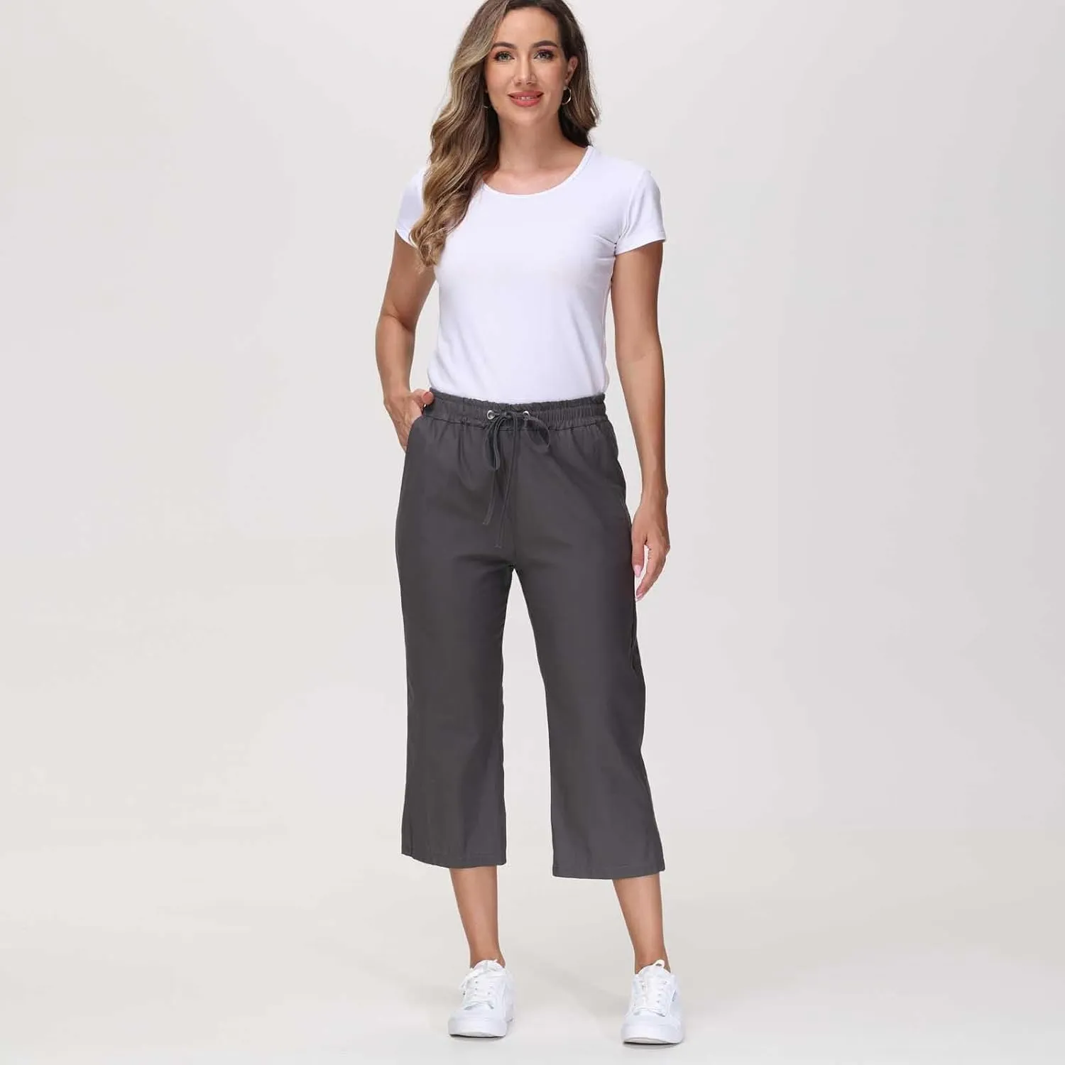Linen Pants Women Drawstring Elastic High Waist Capri Pants Summer Straight Solid Color with Pockets