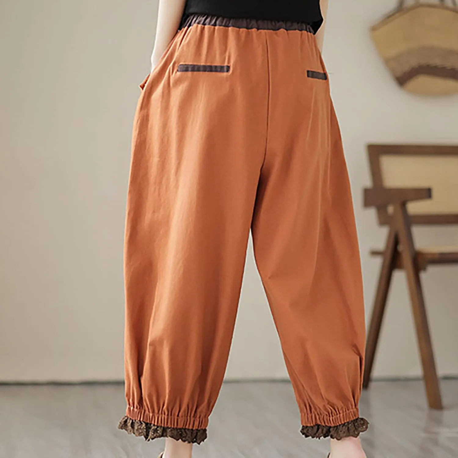 Linen Pants Women Fashion Casual Solid Color Elastic Loose Pants Straight Wide Leg Trousers with Pocket
