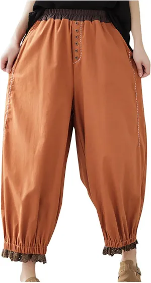 Linen Pants Women Fashion Casual Solid Color Elastic Loose Pants Straight Wide Leg Trousers with Pocket
