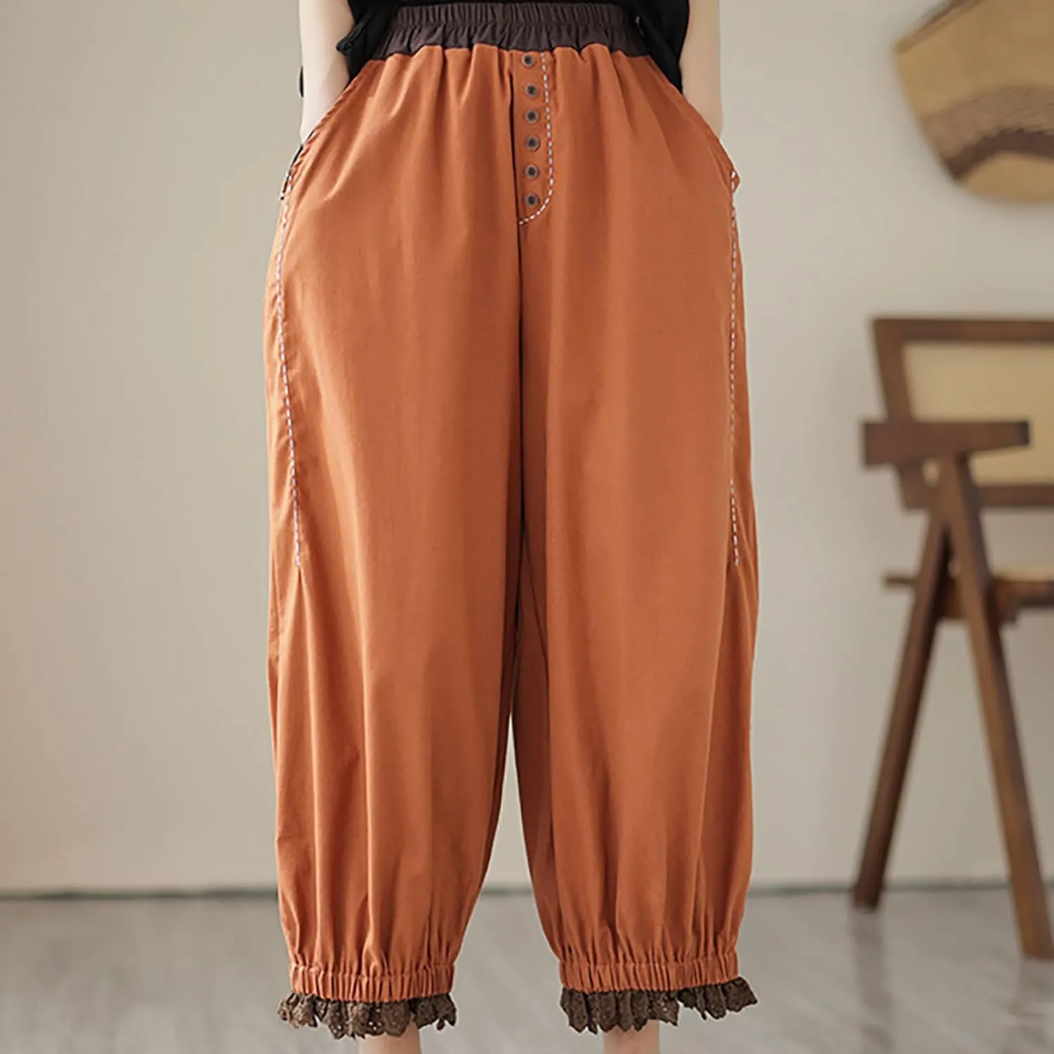 Linen Pants Women Fashion Casual Solid Color Elastic Loose Pants Straight Wide Leg Trousers with Pocket