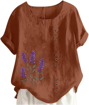 Linen Shirts for Women Printed Short Sleeve Button T-Shirt Blouse Top Casual Crewneck Cotton Linen Tee Shirts Blouses