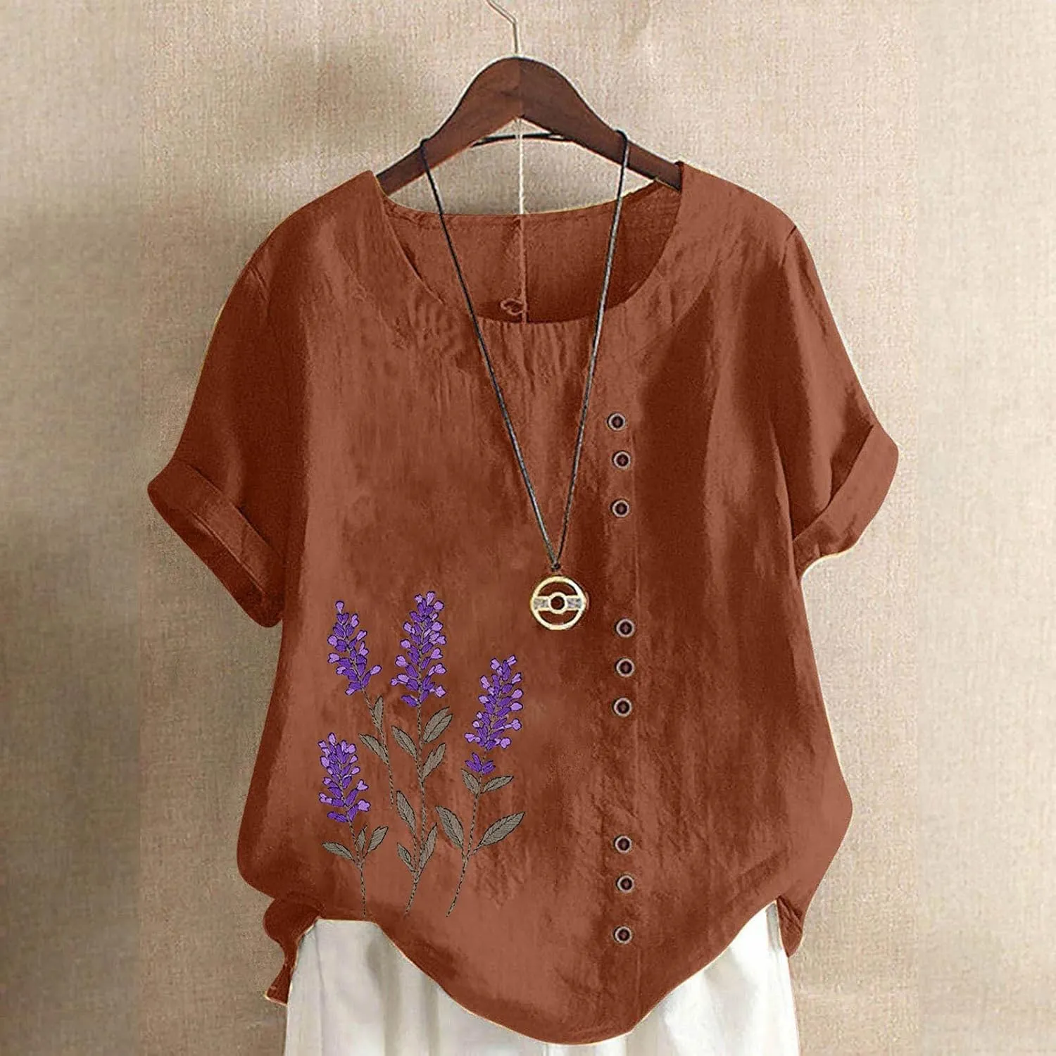 Linen Shirts for Women Printed Short Sleeve Button T-Shirt Blouse Top Casual Crewneck Cotton Linen Tee Shirts Blouses