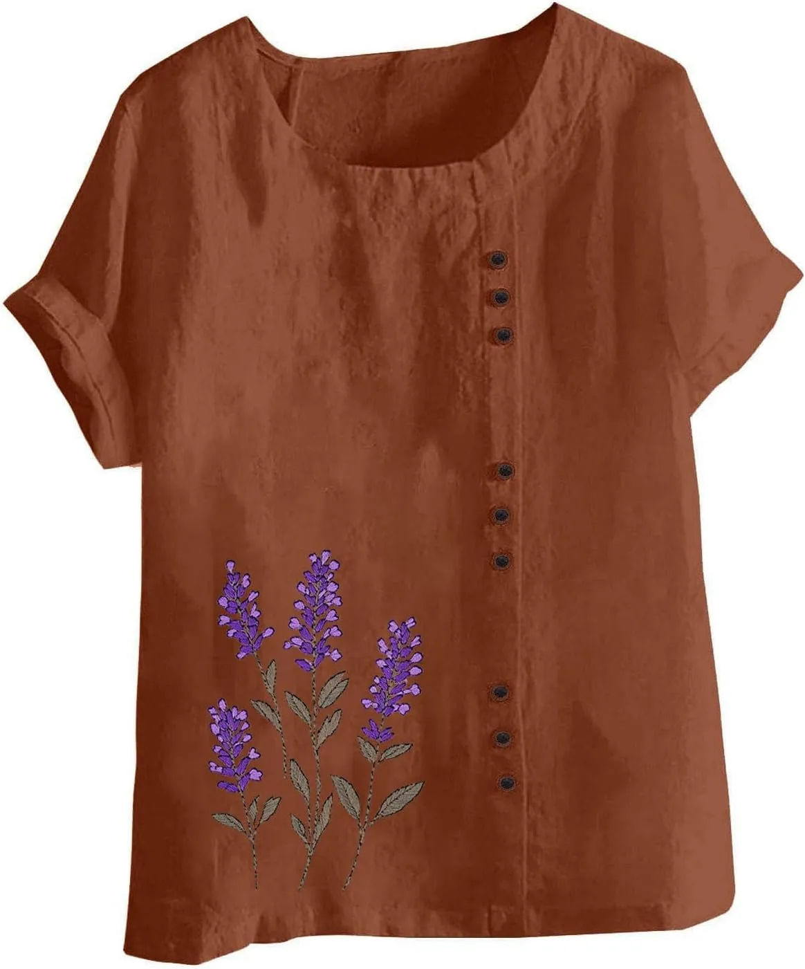 Linen Shirts for Women Printed Short Sleeve Button T-Shirt Blouse Top Casual Crewneck Cotton Linen Tee Shirts Blouses