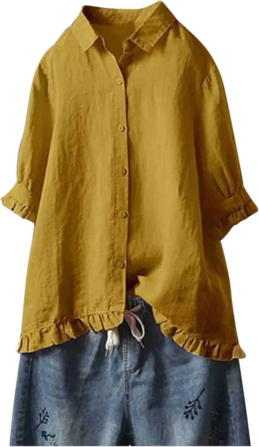 Linen Tops for Women 3/4 Sleeve Lapel Neck T Shirts Button Down Tee Shirts Solid Color Ruffle Cotton Linen Tunic Top