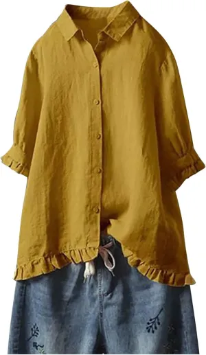 Linen Tops for Women 3/4 Sleeve Lapel Neck T Shirts Button Down Tee Shirts Solid Color Ruffle Cotton Linen Tunic Top