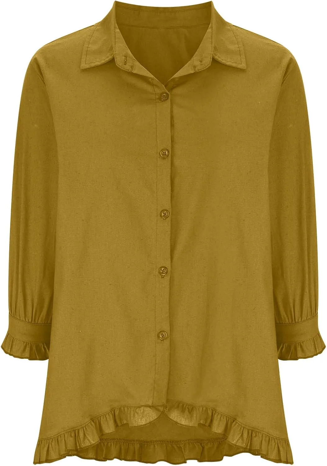 Linen Tops for Women 3/4 Sleeve Lapel Neck T Shirts Button Down Tee Shirts Solid Color Ruffle Cotton Linen Tunic Top