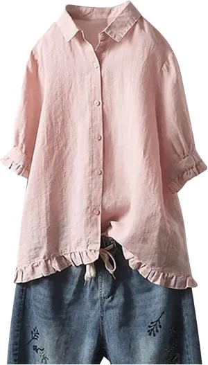 Linen Tops for Women 3/4 Sleeve Lapel Neck T Shirts Button Down Tee Shirts Solid Color Ruffle Cotton Linen Tunic Top