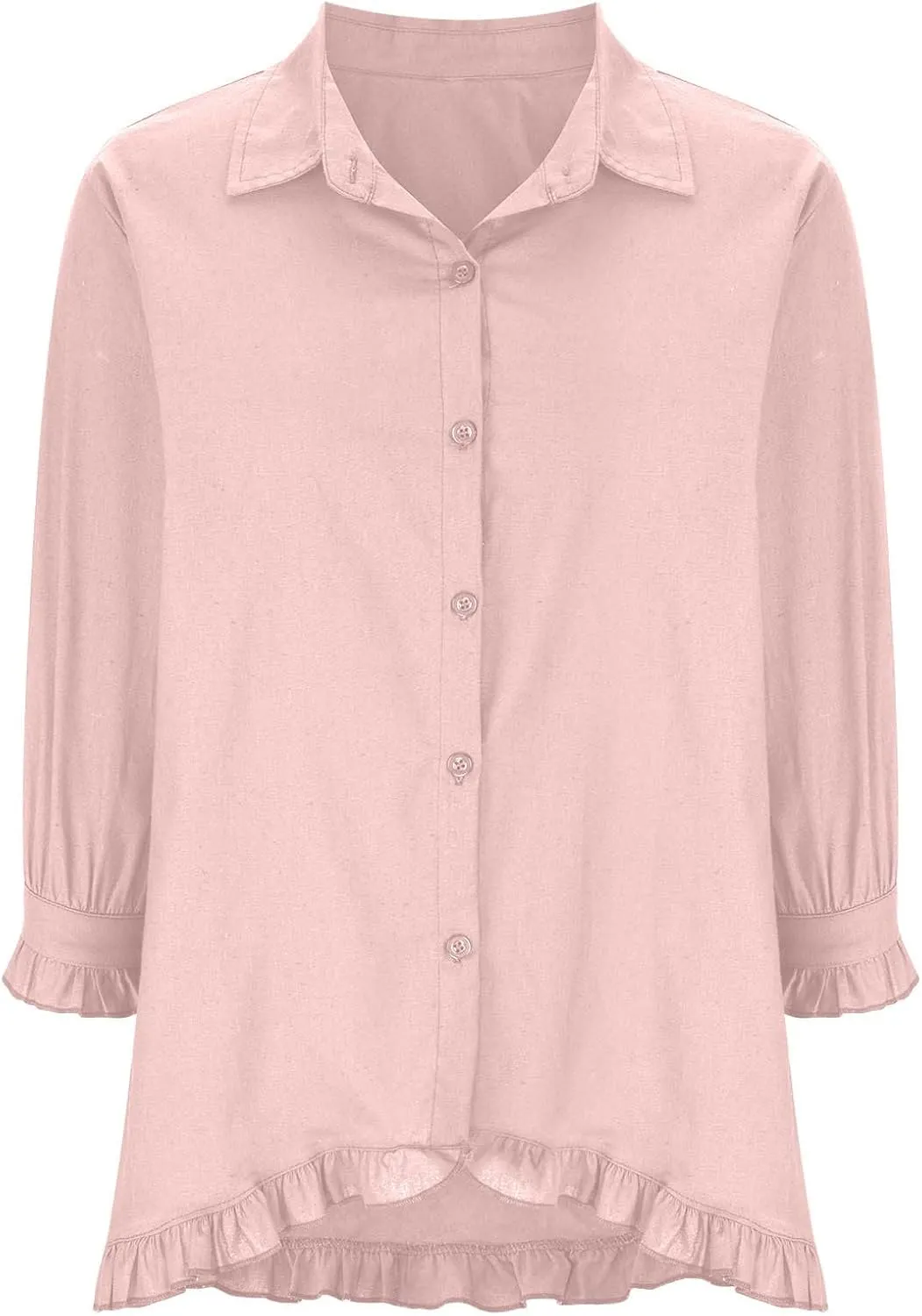 Linen Tops for Women 3/4 Sleeve Lapel Neck T Shirts Button Down Tee Shirts Solid Color Ruffle Cotton Linen Tunic Top