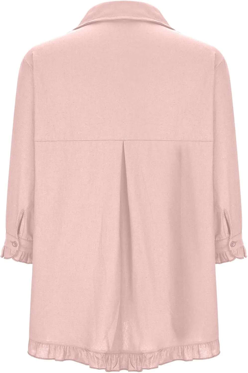Linen Tops for Women 3/4 Sleeve Lapel Neck T Shirts Button Down Tee Shirts Solid Color Ruffle Cotton Linen Tunic Top