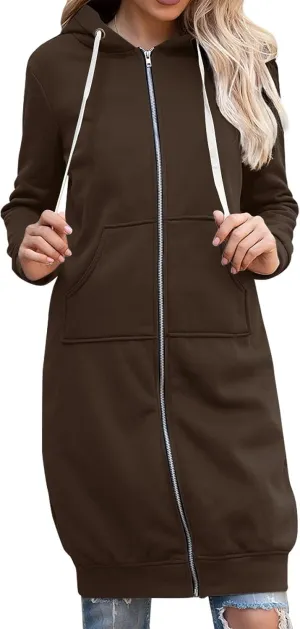 Long Hoodies for Women Zip Up Fleece Jacket Soft Long Sleeve Hooded Oversized Sweatshirt Winter Coat with Pockets