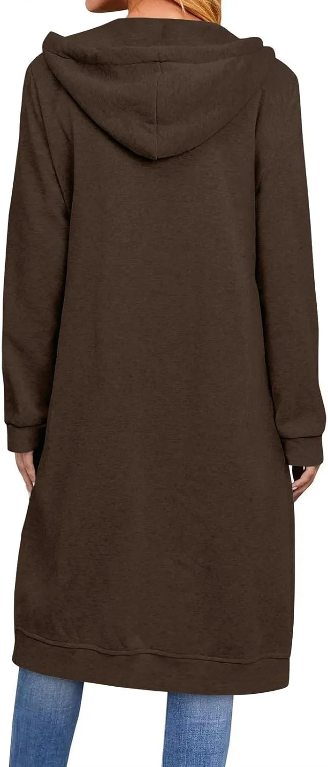Long Hoodies for Women Zip Up Fleece Jacket Soft Long Sleeve Hooded Oversized Sweatshirt Winter Coat with Pockets