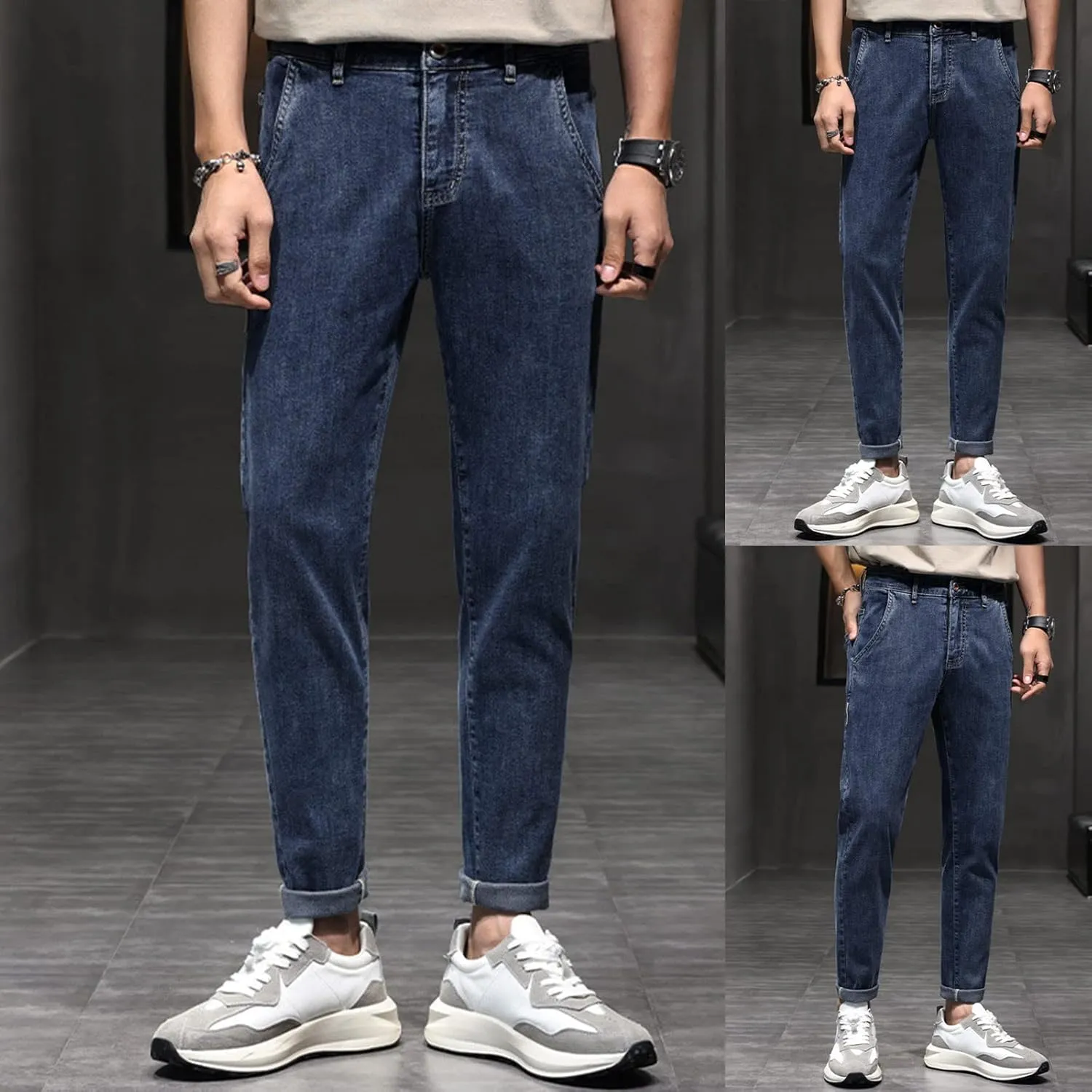 Loose Fit Jeans Mens Autumn Winter Casual Pant Sports Pants with Pocket Fashion Jeans Nine Points Pants