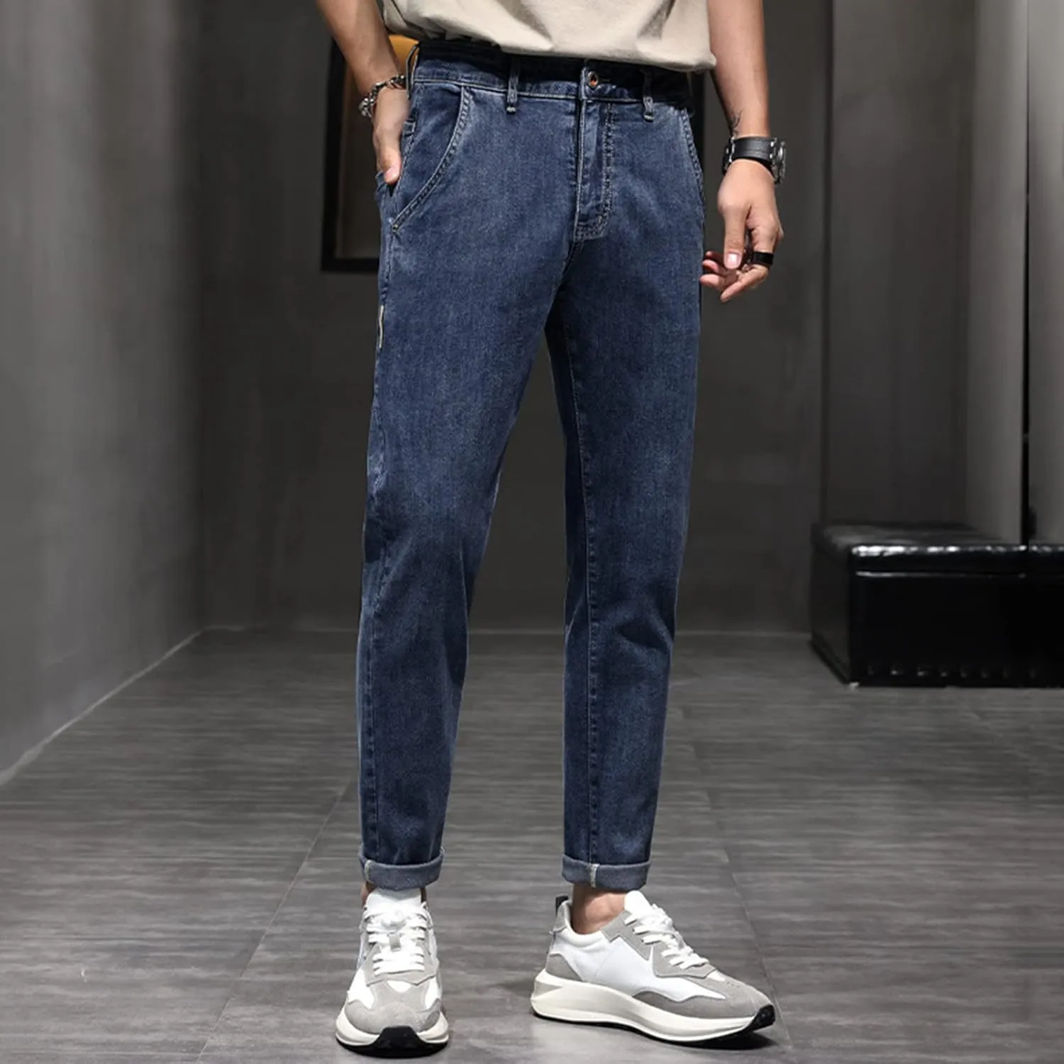 Loose Fit Jeans Mens Autumn Winter Casual Pant Sports Pants with Pocket Fashion Jeans Nine Points Pants