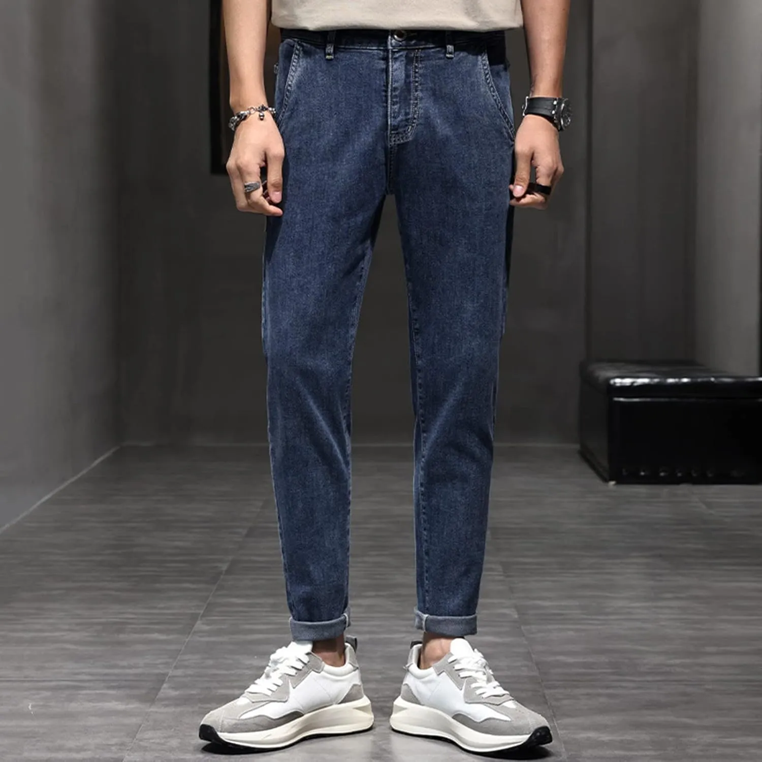 Loose Fit Jeans Mens Autumn Winter Casual Pant Sports Pants with Pocket Fashion Jeans Nine Points Pants