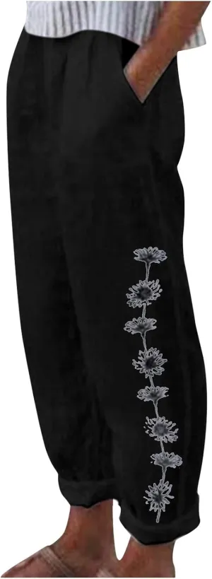 Loose Pants for Women Cotton Linen Flowy Casual Trousers Elastic Waist Elegant Daisy Printed Summer Trousers