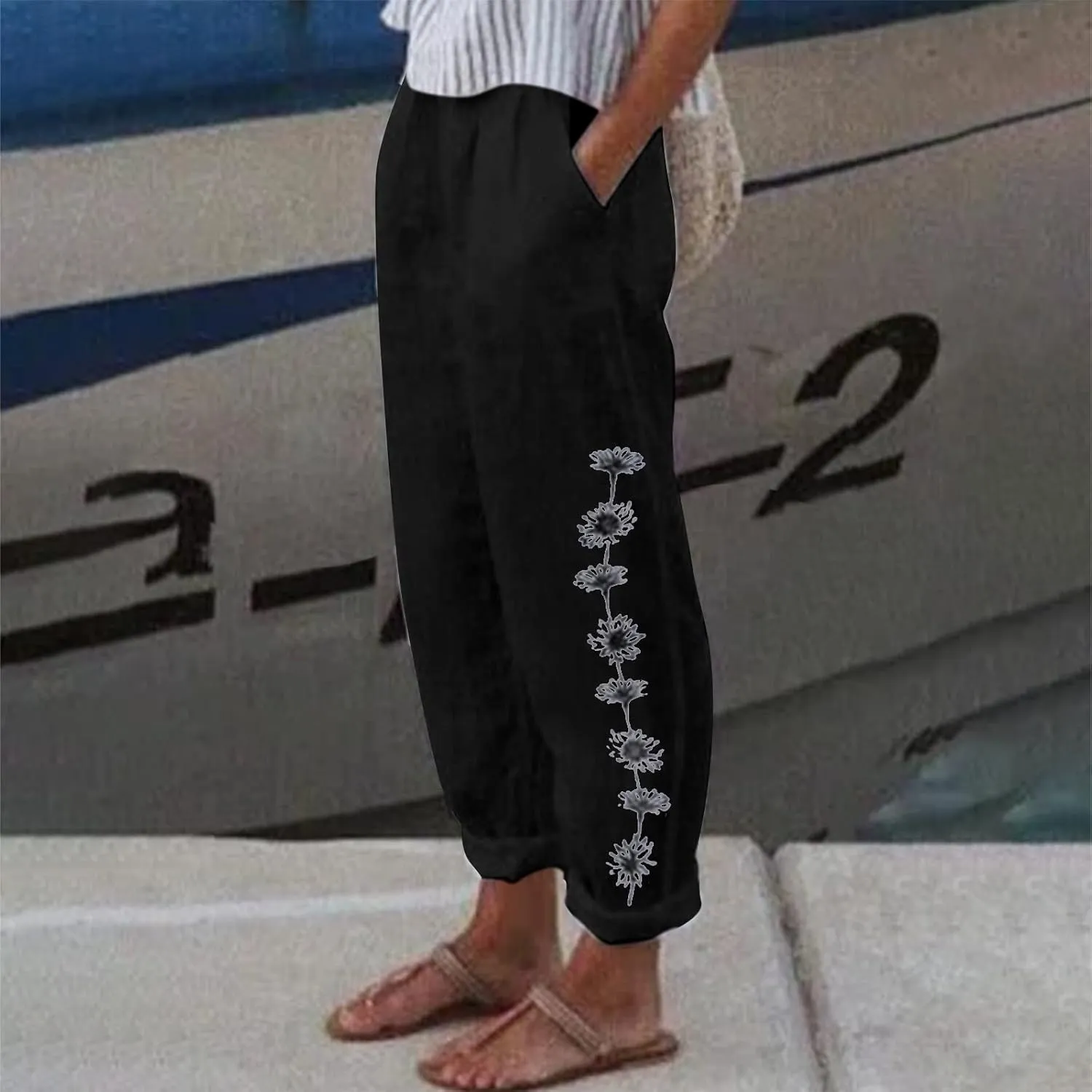 Loose Pants for Women Cotton Linen Flowy Casual Trousers Elastic Waist Elegant Daisy Printed Summer Trousers