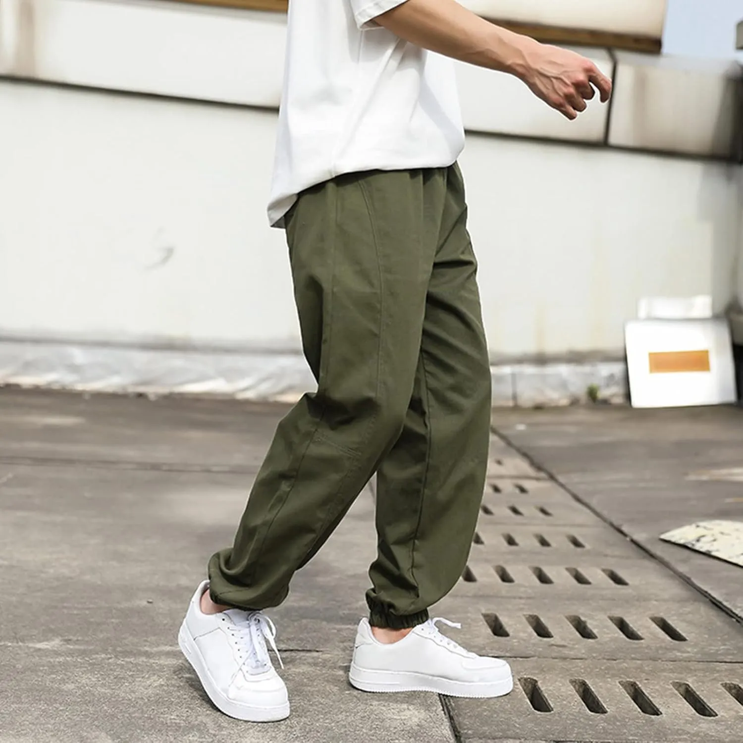 Male Casual Solid Loose Pants Elastic Waist Pocket Splice Pant Trousers Casual Slip