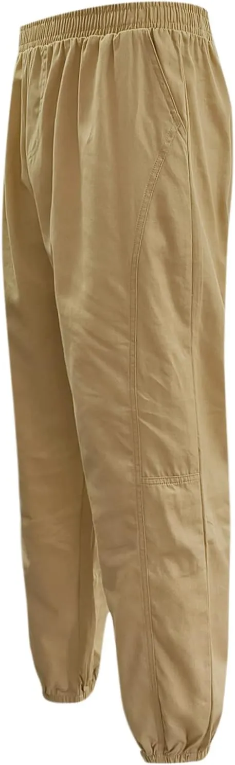 Male Casual Solid Loose Pants Elastic Waist Pocket Splice Pant Trousers Casual Slip