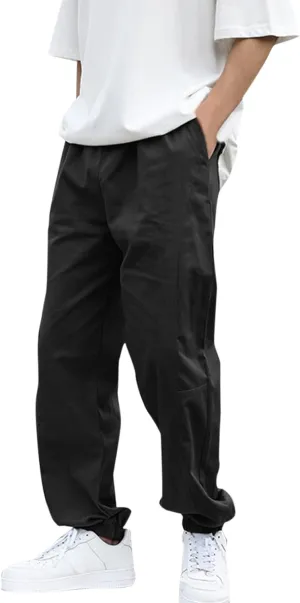 Male Casual Solid Loose Pants Elastic Waist Pocket Splice Pant Trousers Casual Slip