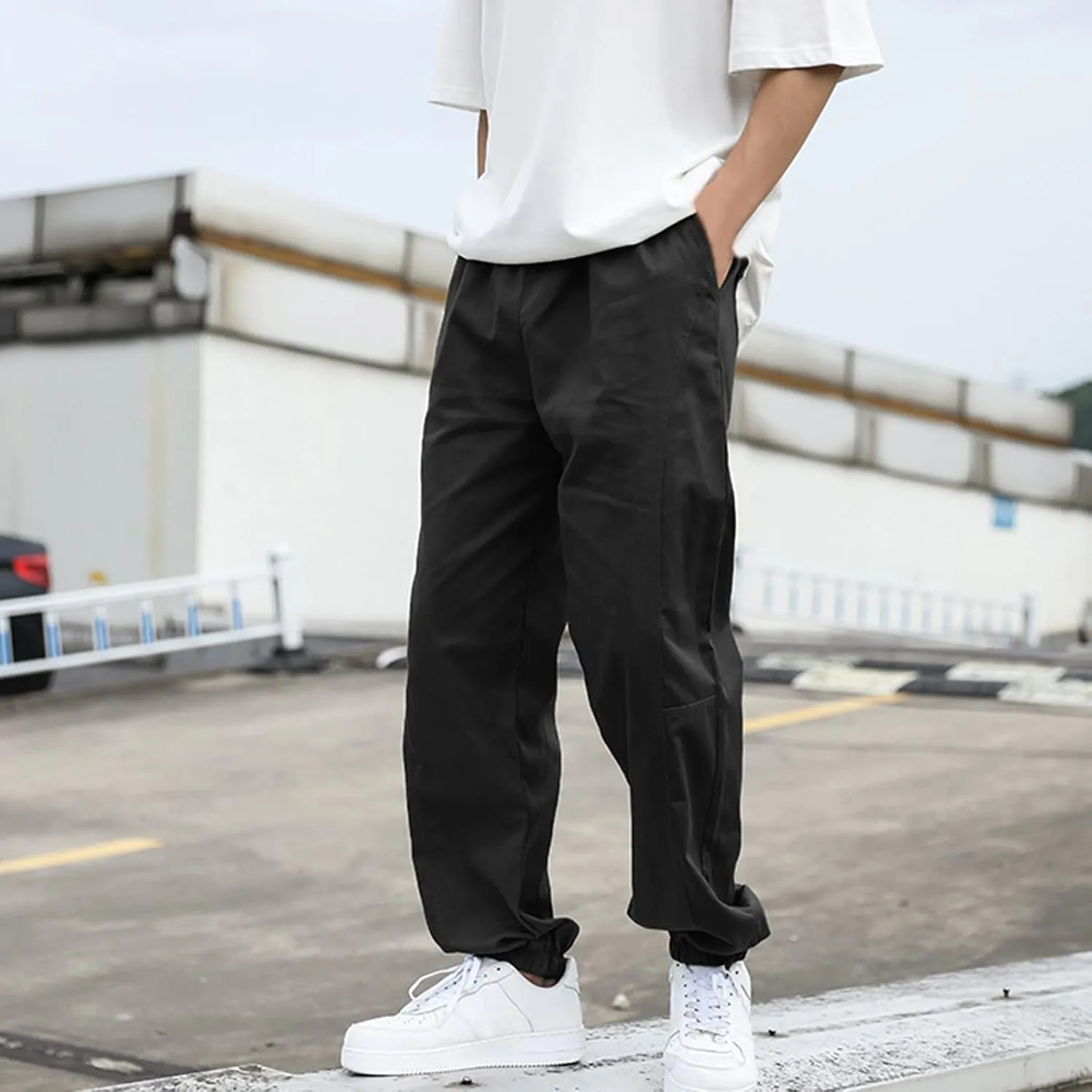 Male Casual Solid Loose Pants Elastic Waist Pocket Splice Pant Trousers Casual Slip