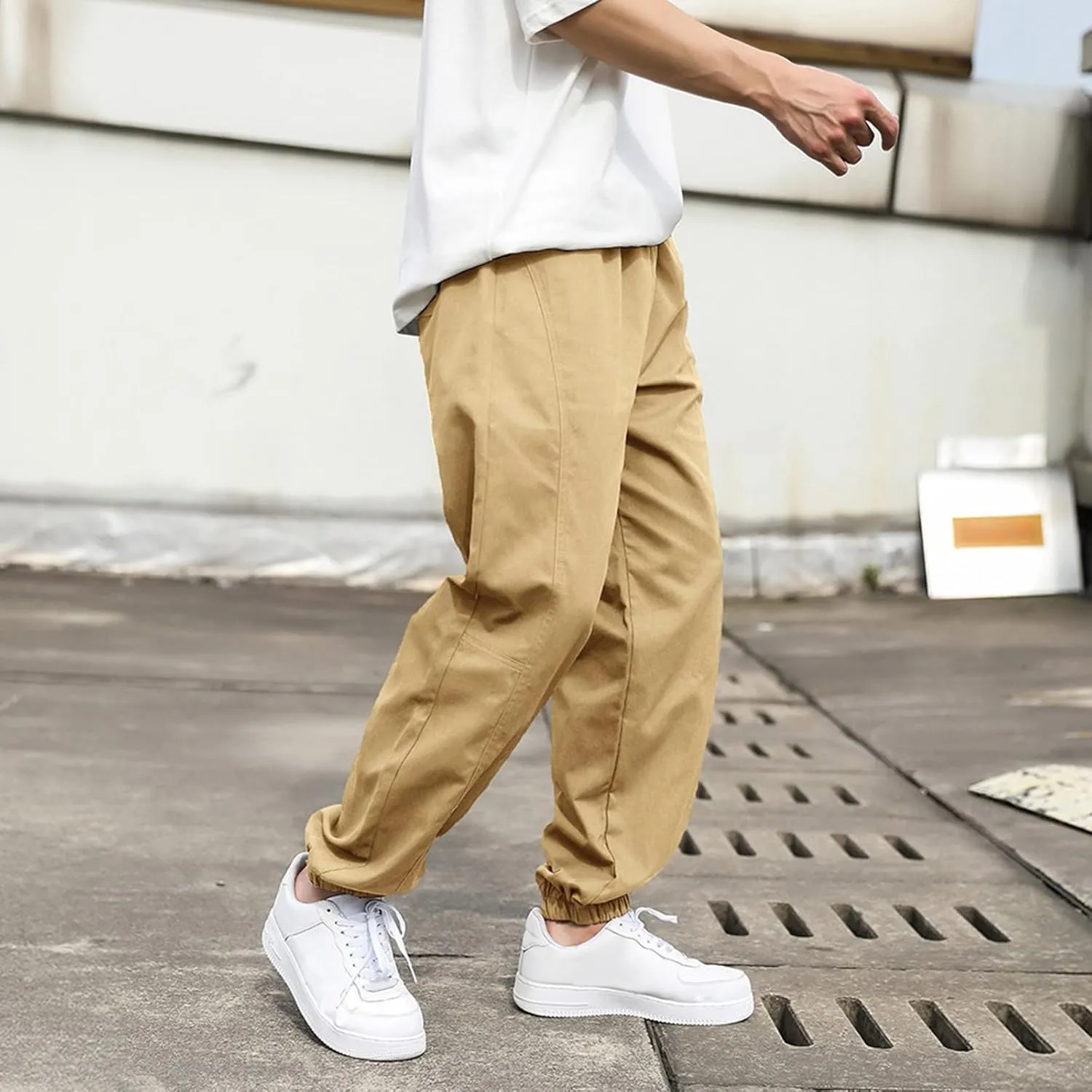Male Casual Solid Loose Pants Elastic Waist Pocket Splice Pant Trousers Casual Slip