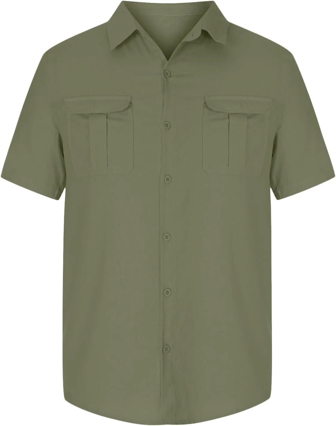 Men Cotton Linen Shirts Summer Short Sleeve Tops Vacation Casual Blouse with Double Pockets Solid Color Tees