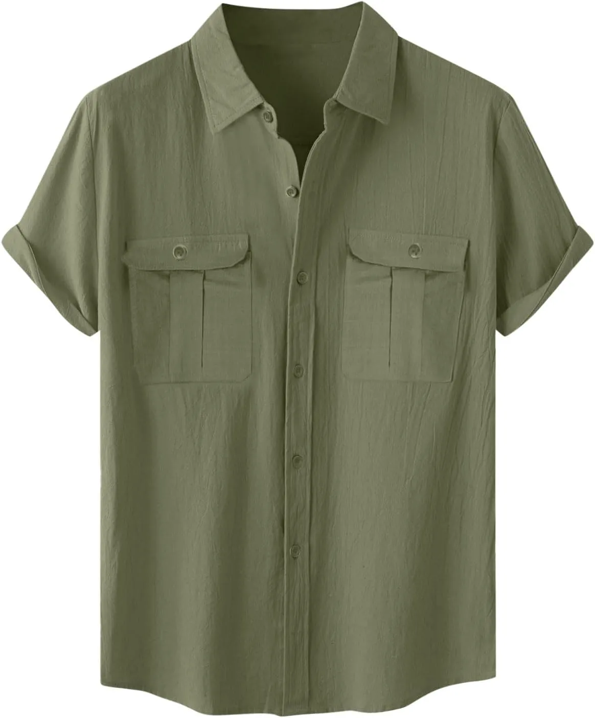 Men Cotton Linen Shirts Summer Short Sleeve Tops Vacation Casual Blouse with Double Pockets Solid Color Tees