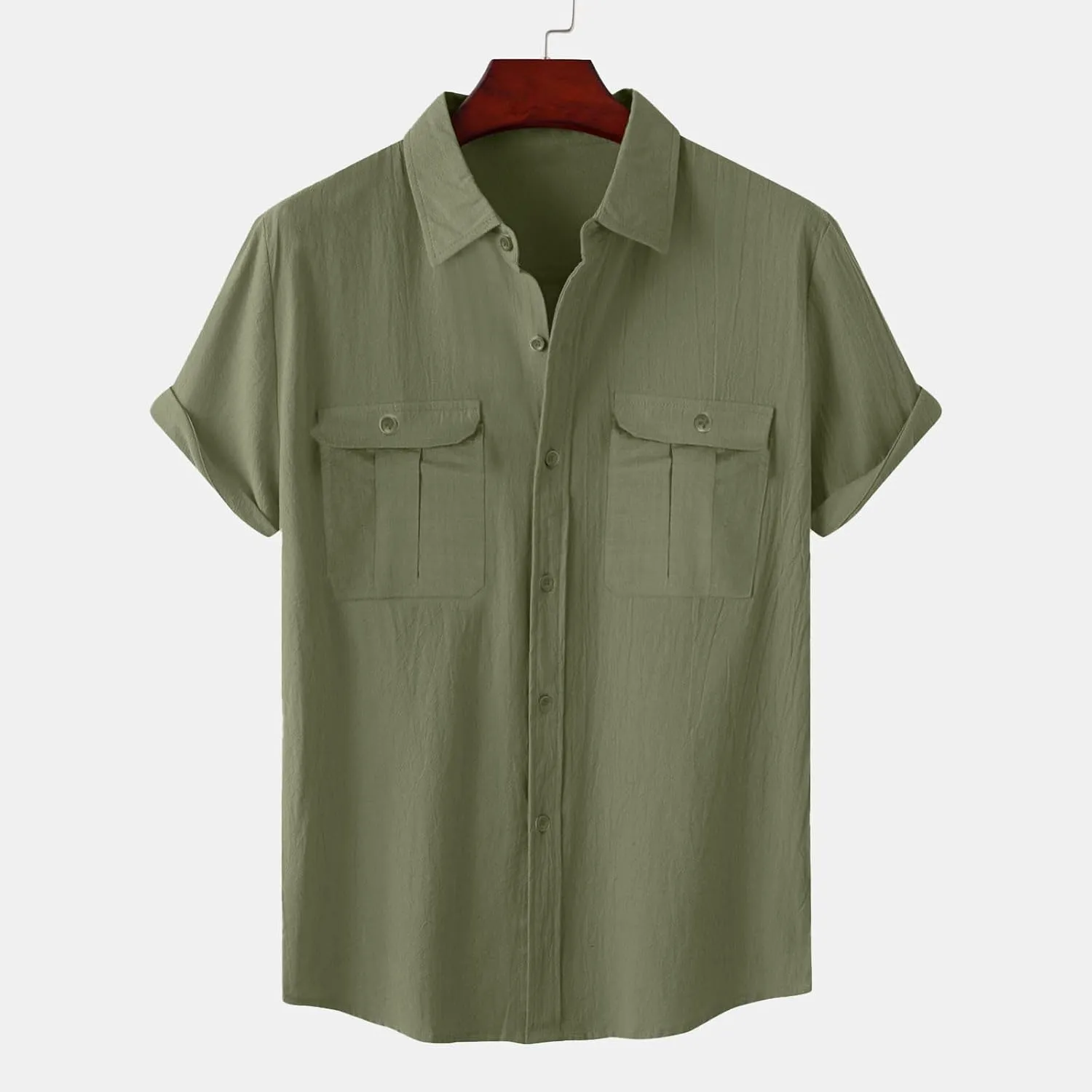 Men Cotton Linen Shirts Summer Short Sleeve Tops Vacation Casual Blouse with Double Pockets Solid Color Tees