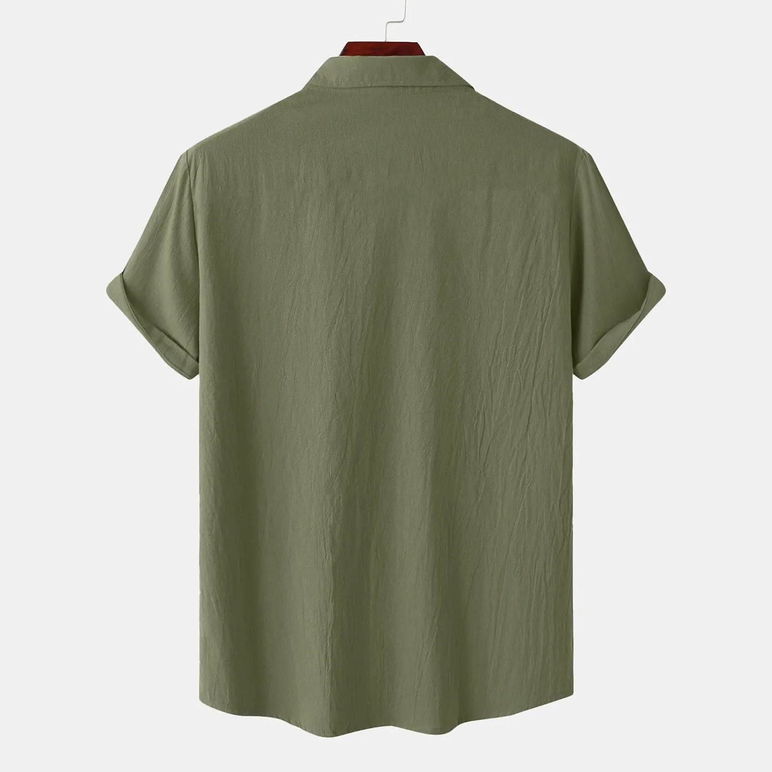 Men Cotton Linen Shirts Summer Short Sleeve Tops Vacation Casual Blouse with Double Pockets Solid Color Tees