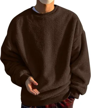Men Fuzzy Plush Casual Sweatshirt Fleece Sherpa Crewneck Long Sleeve Pullover Winter Solid Color Loose Warm Soft Sweater Tops