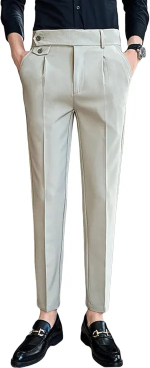 Men Stylish Slim Stretch Dress Pant Skinny Fit Flat Front Suit Pant with Belt Business Lightweight Casual Trousers