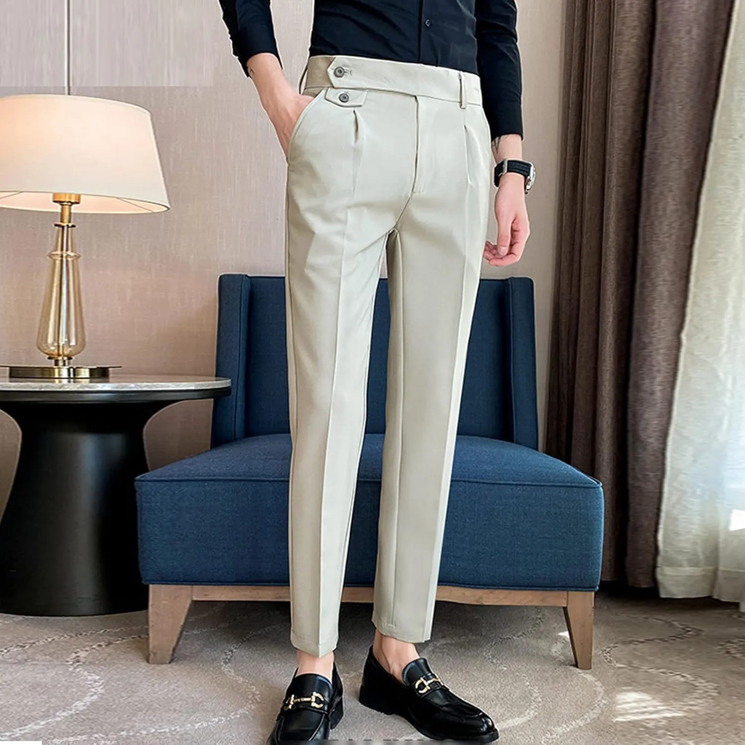 Men Stylish Slim Stretch Dress Pant Skinny Fit Flat Front Suit Pant with Belt Business Lightweight Casual Trousers
