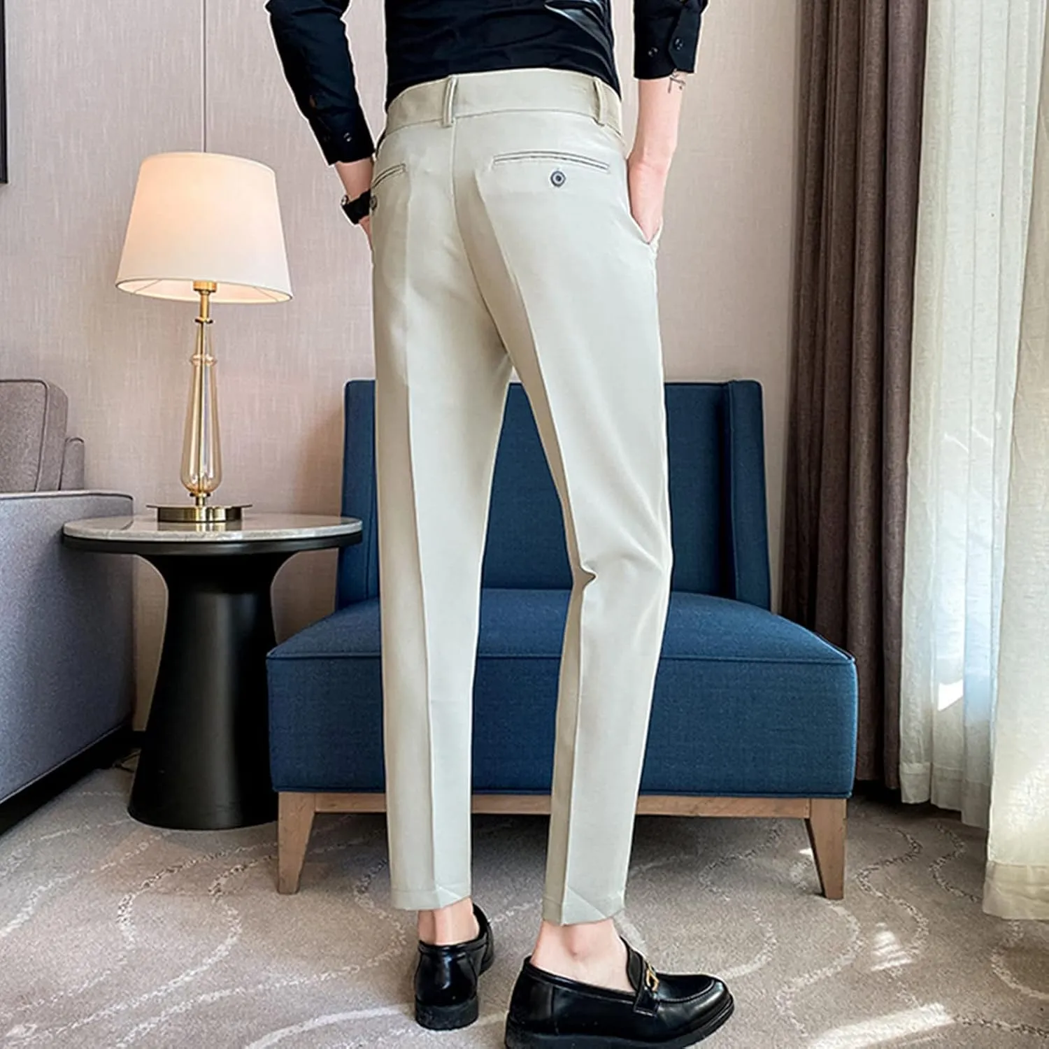 Men Stylish Slim Stretch Dress Pant Skinny Fit Flat Front Suit Pant with Belt Business Lightweight Casual Trousers