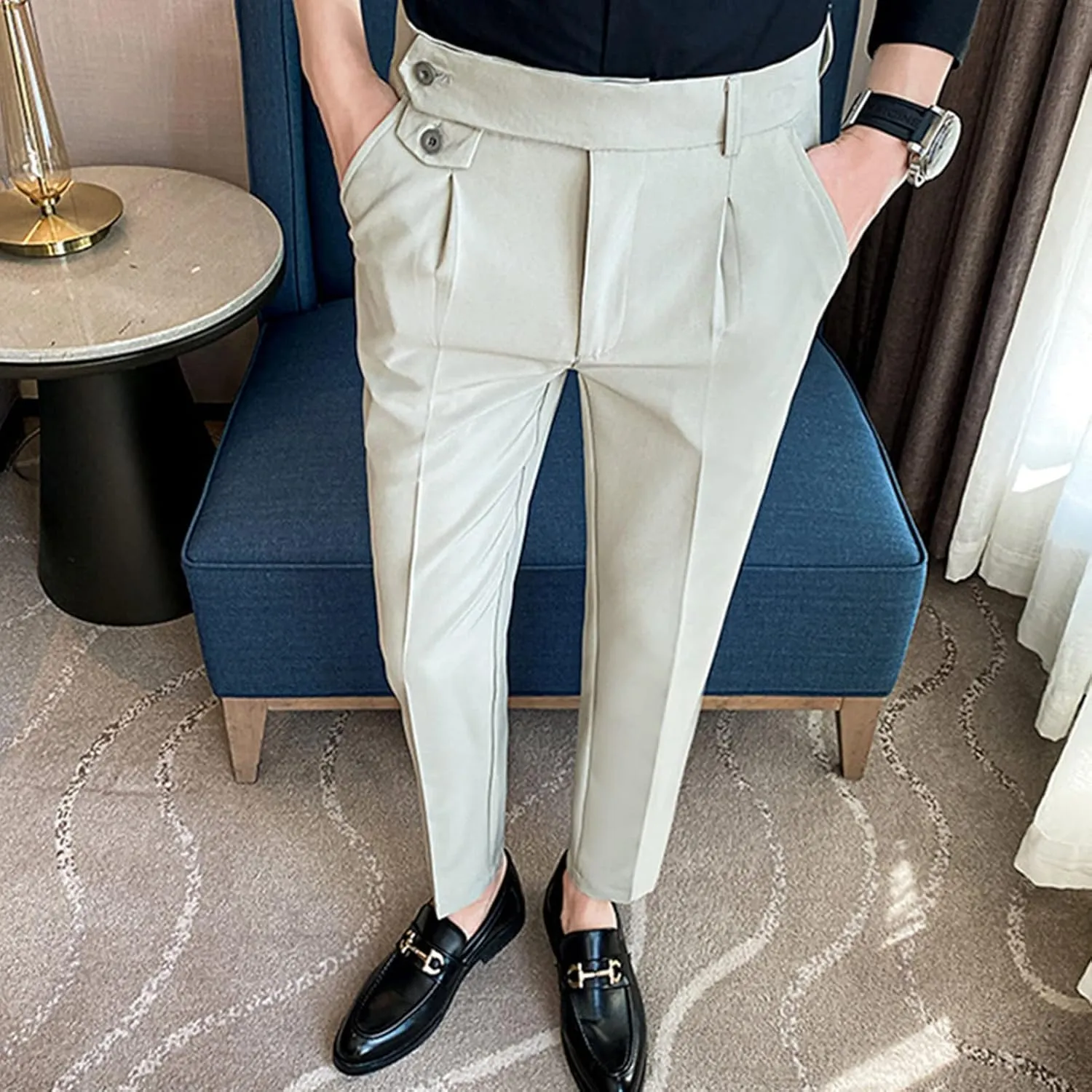 Men Stylish Slim Stretch Dress Pant Skinny Fit Flat Front Suit Pant with Belt Business Lightweight Casual Trousers
