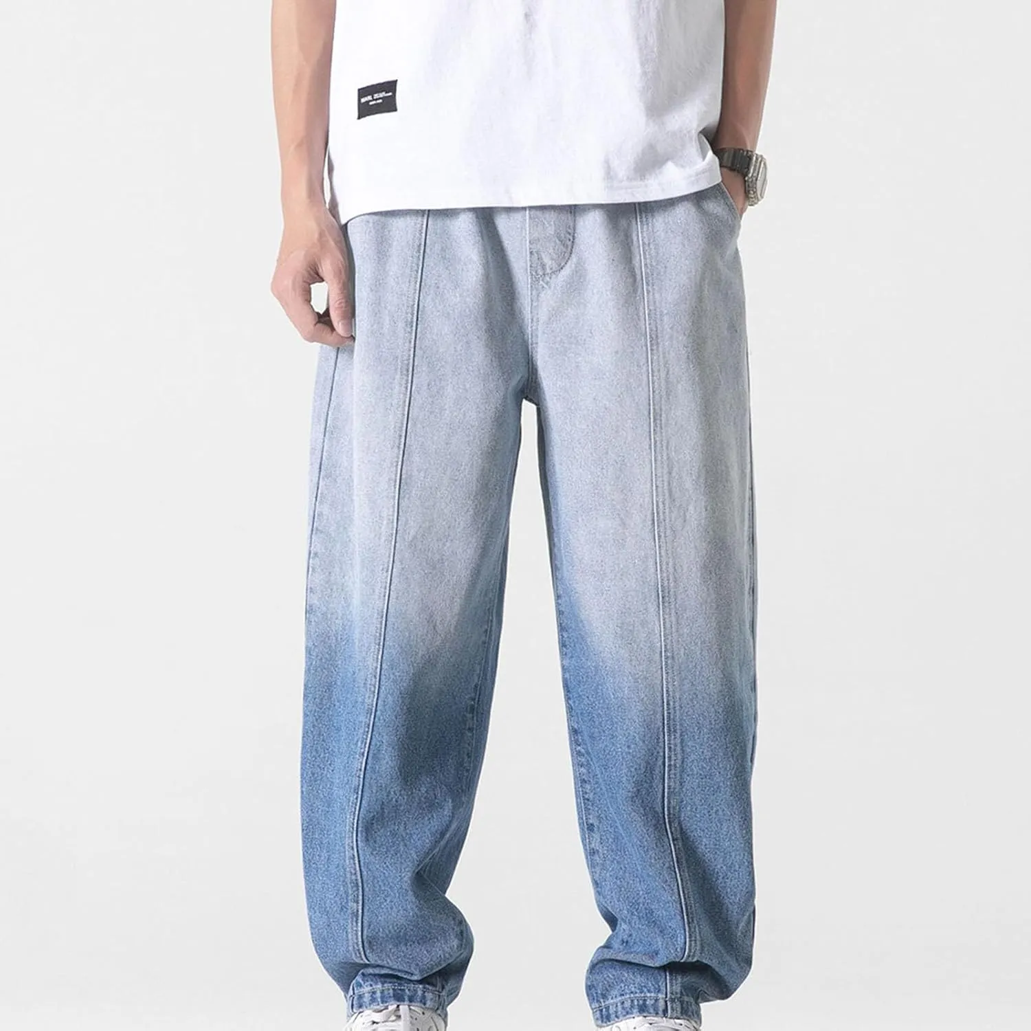 Mens Baggy Jeans Relaxed Fit Elastic Waist Straight Jeans Pants Fashion Gradient Hip Pop Skater Jeans Denim Pants
